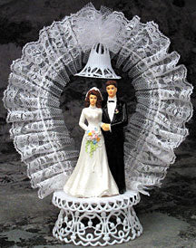 Elegant Bride & Groom Cake Topper with Lace Ruffle