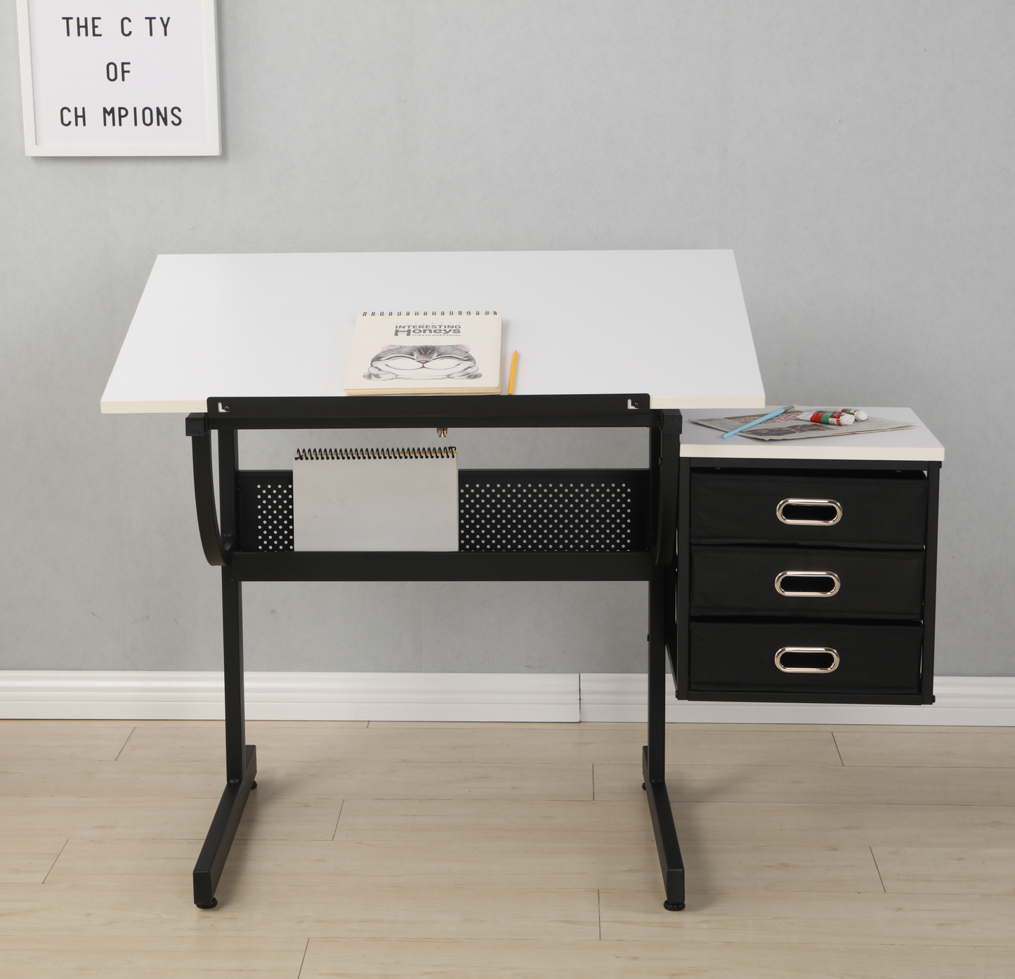 White adjustable drafting drawing table with stool and 3 drawers - Korvel