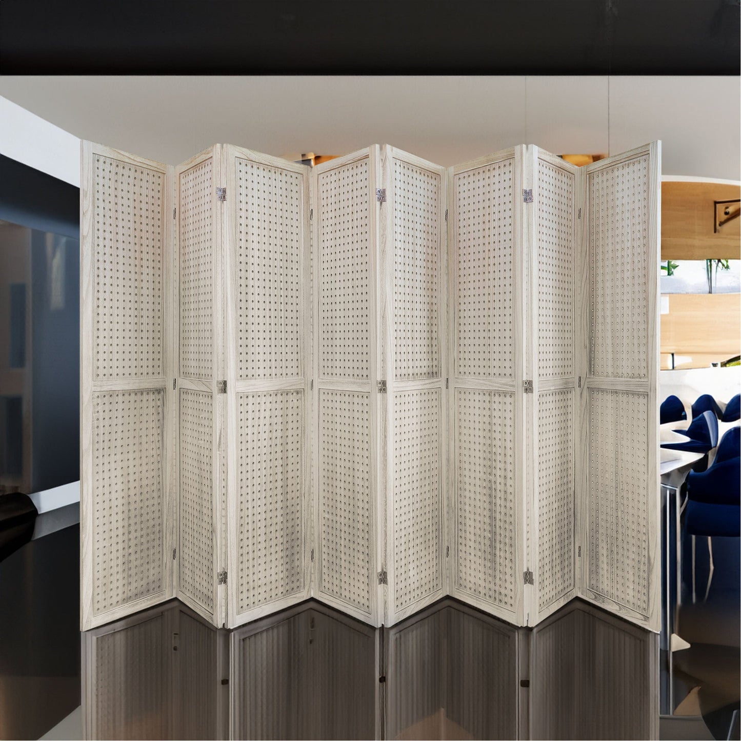 8 Panel Wooden Room Divider - Freestanding Pegboard Screen