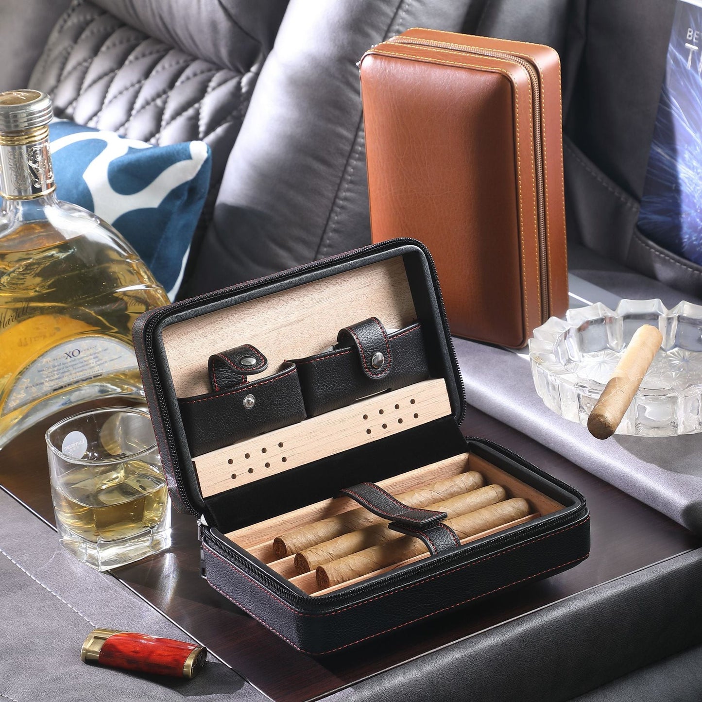 Cigar box portable zipper bag four pack mellow and moisturizing smoking accessories cedar wood gift box travel companion - Korvel