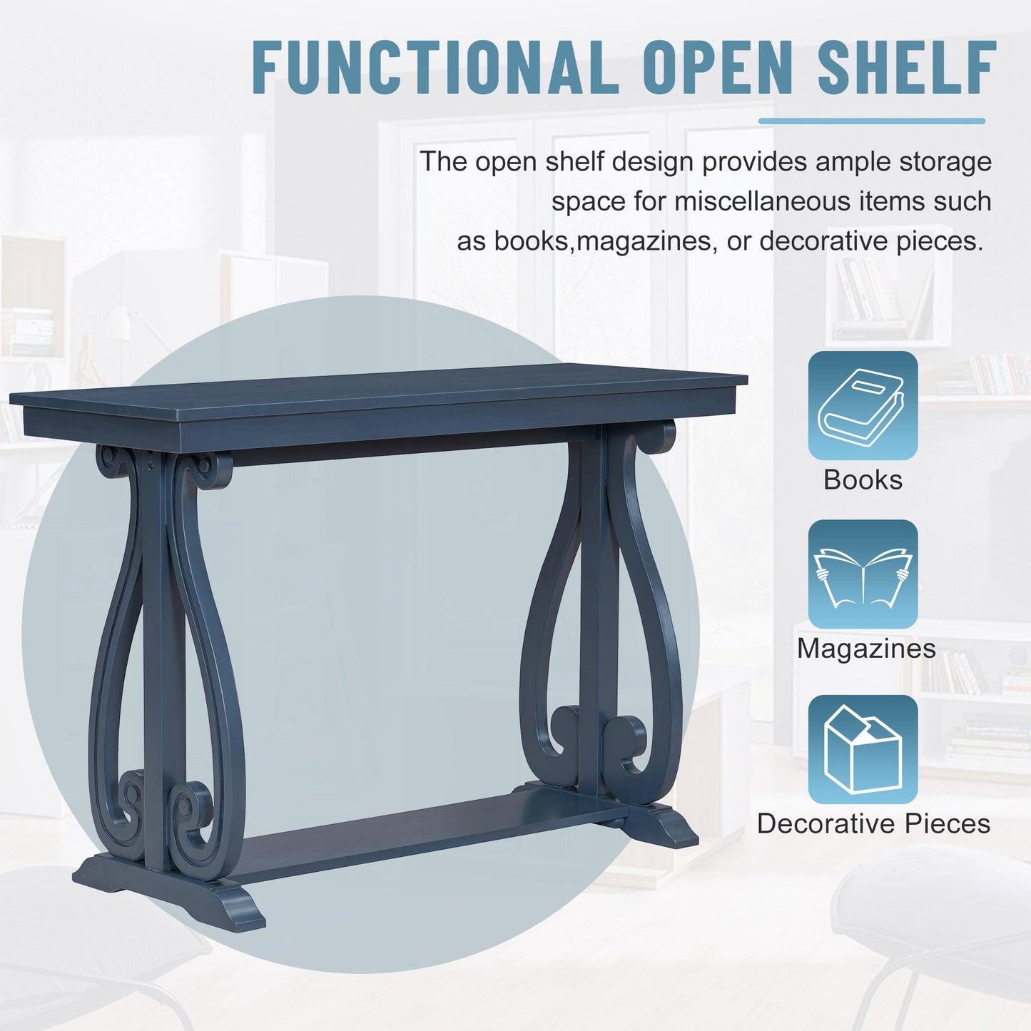 48-Inch Rustic Vintage Console Table --- Farmhouse Style Entryway Table with Open Shelf and Sturdy Construction (Navy) - Korvel