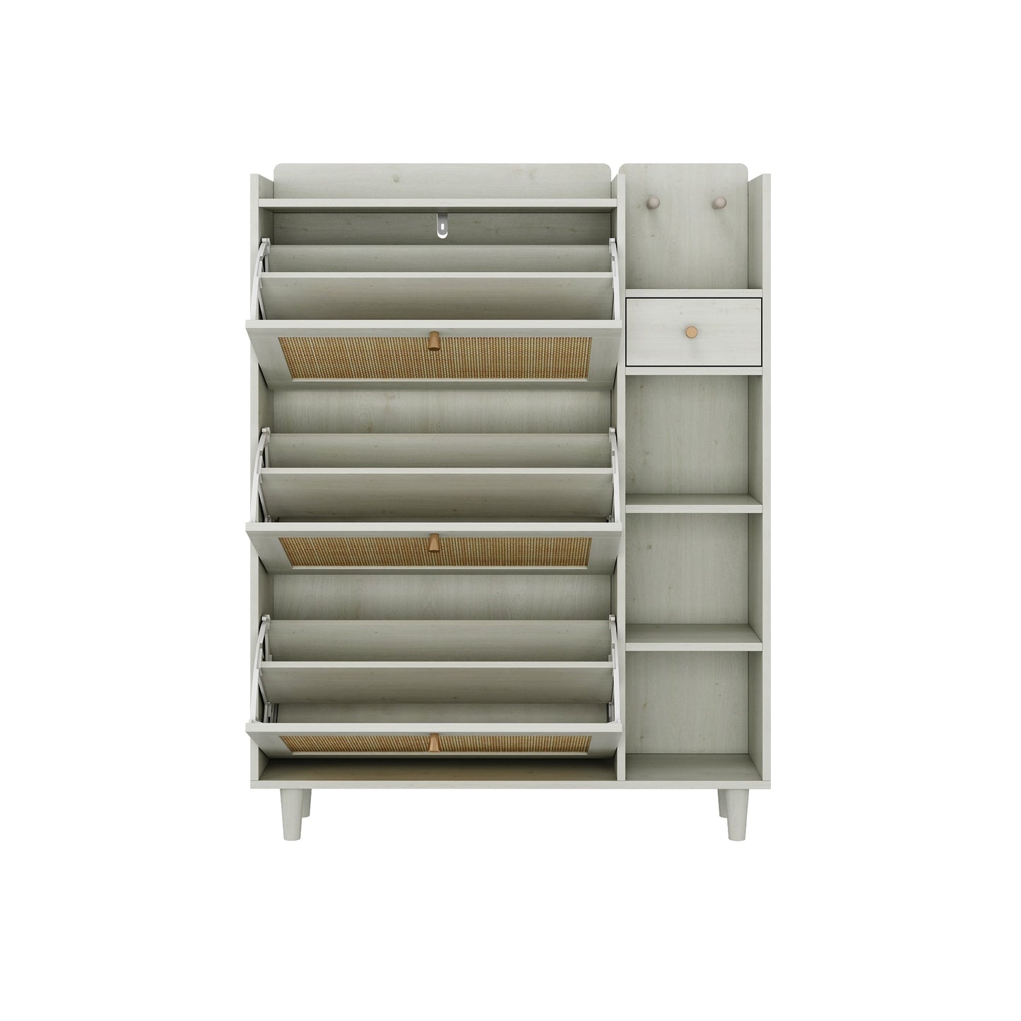Natural Bohemian style shoe cabinet with 3 rattan flip drawers, 3 square shelves, and 1 storage drawer, white - Korvel