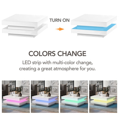 ON-TREND High Gloss Minimalist Design with LED Lights 2-Tier Square Coffee Table White - Korvel