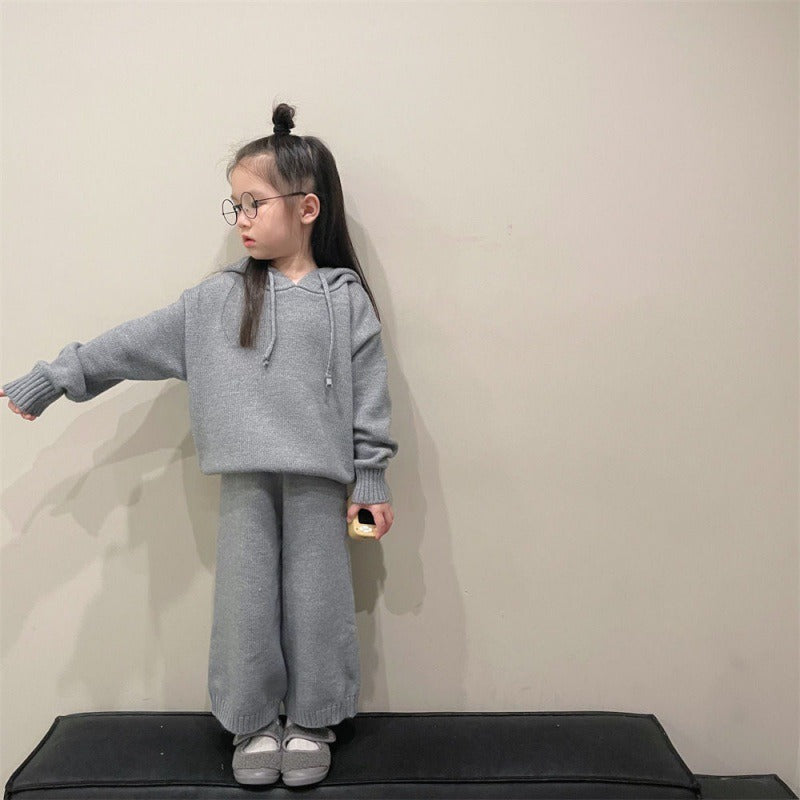 Small And Medium-Sized Children's Korean Children's Sweater Suit Winter Boys And Girls' Thick Hooded Knitting Two-Piece Set - Korvel
