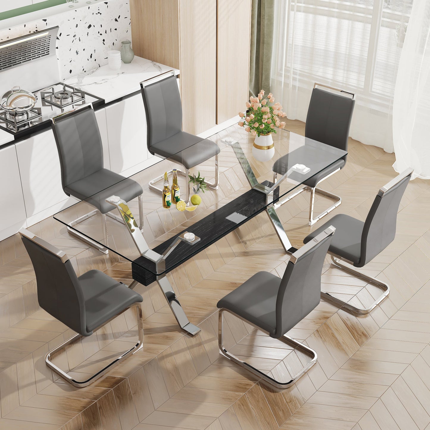 Dining table Modern tempered glass dining table Large modern office desk with silver plated metal legs and MDF crossbars - Korvel