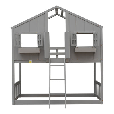 Twin over Twin House Bunk Bed with Roof , Window, Window Box, Door , with Safety Guardrails and Ladder, Grey - Korvel