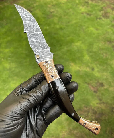 Artisan Crafted Damascus Steel EDC Folding Knife with Colorful Bone Handle & Brass Inlay - Includes Leather Sheath - Korvel