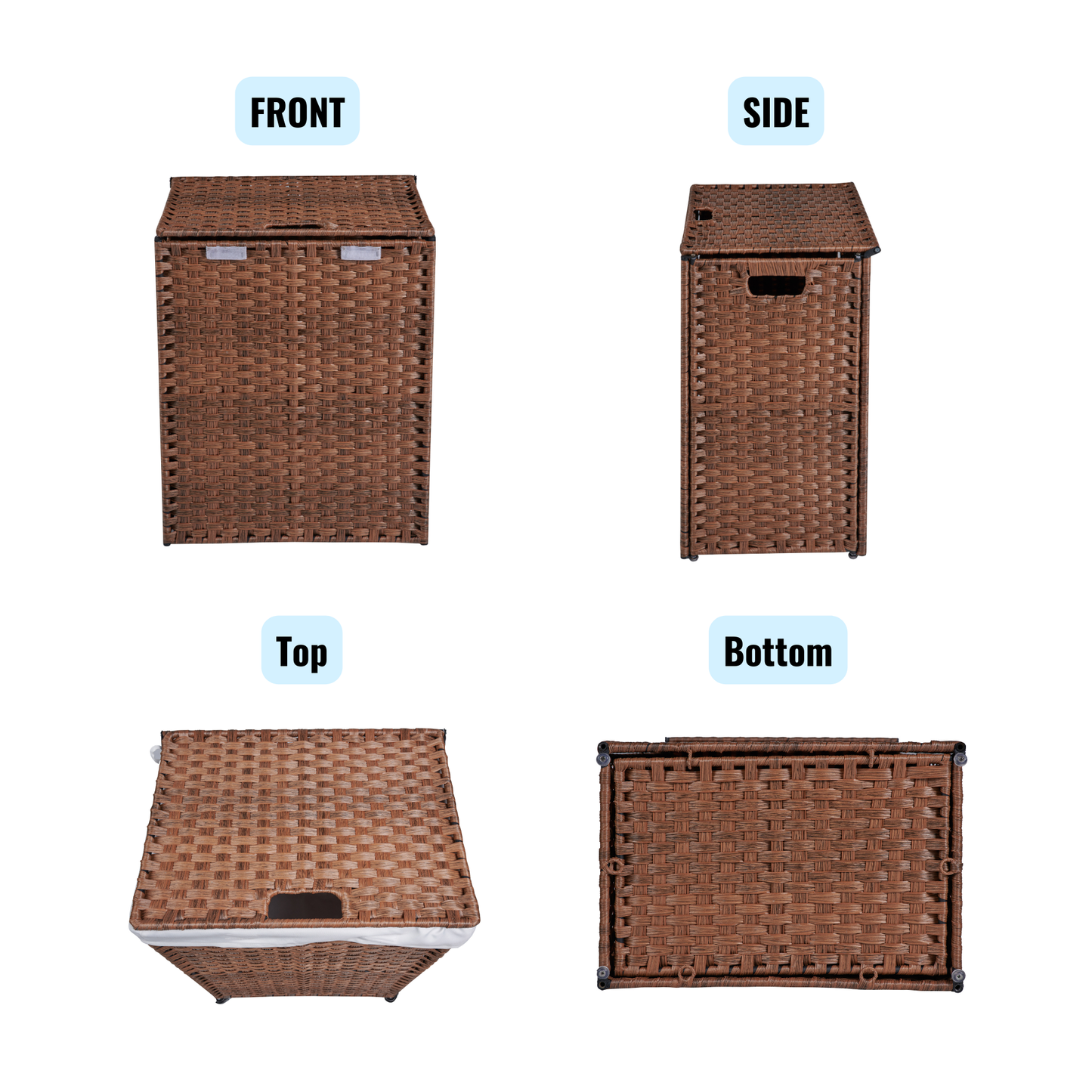 Laundry Hamper With Lid PE Rattan Powder Coating Frame Clothes Hampers with 02 Removable Bags, 100L, Brown Color - Korvel