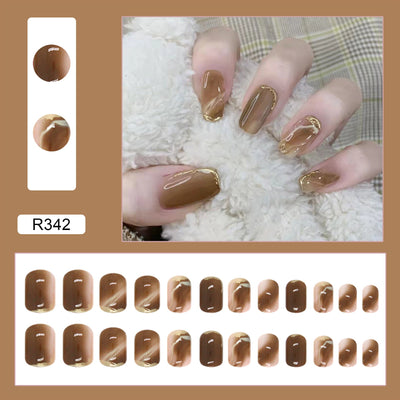 Wearing Warm Brown Brown White Double Spell Smudged Golden Texture Ins Style Manicure Patch The Finished Product Is Removable - Korvel