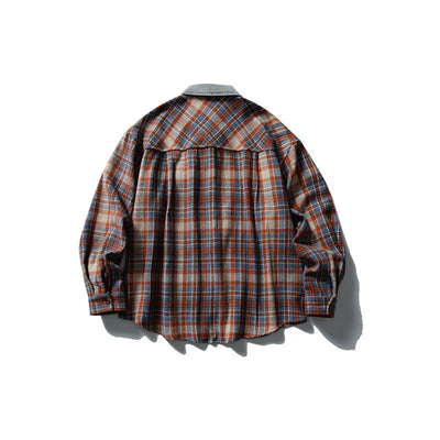 Color blocked denim patchwork brushed plaid shirt for men and women - Korvel
