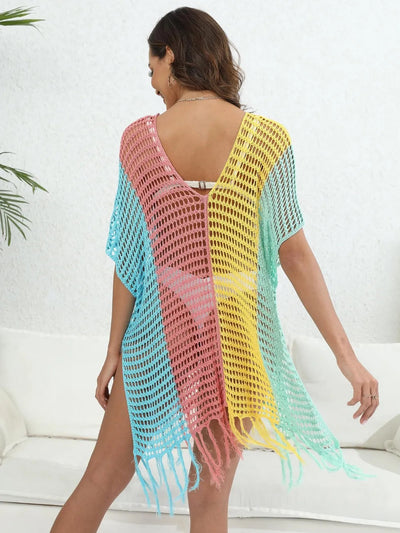 Fringe Color Block Scoop Neck Cover Up - Korvel