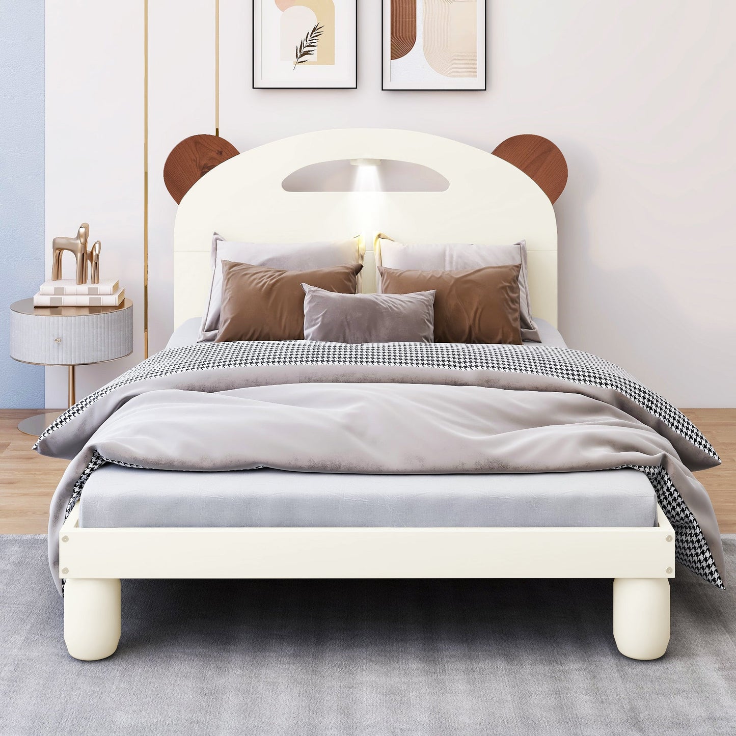 Twin Size Platform Bed with Bear Ears Shaped Headboard and LED Cream White - Korvel