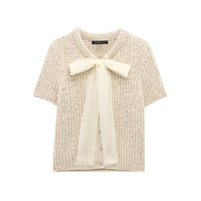 Veste Boléro Tricotée Transparente Élégante avec Détail de Nœud