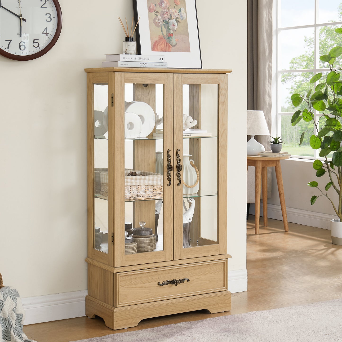 Light colored glass cabinet with adjustable glass frame, including cabinet light bulbs OAK with 2 doors and 1 drawer - Korvel
