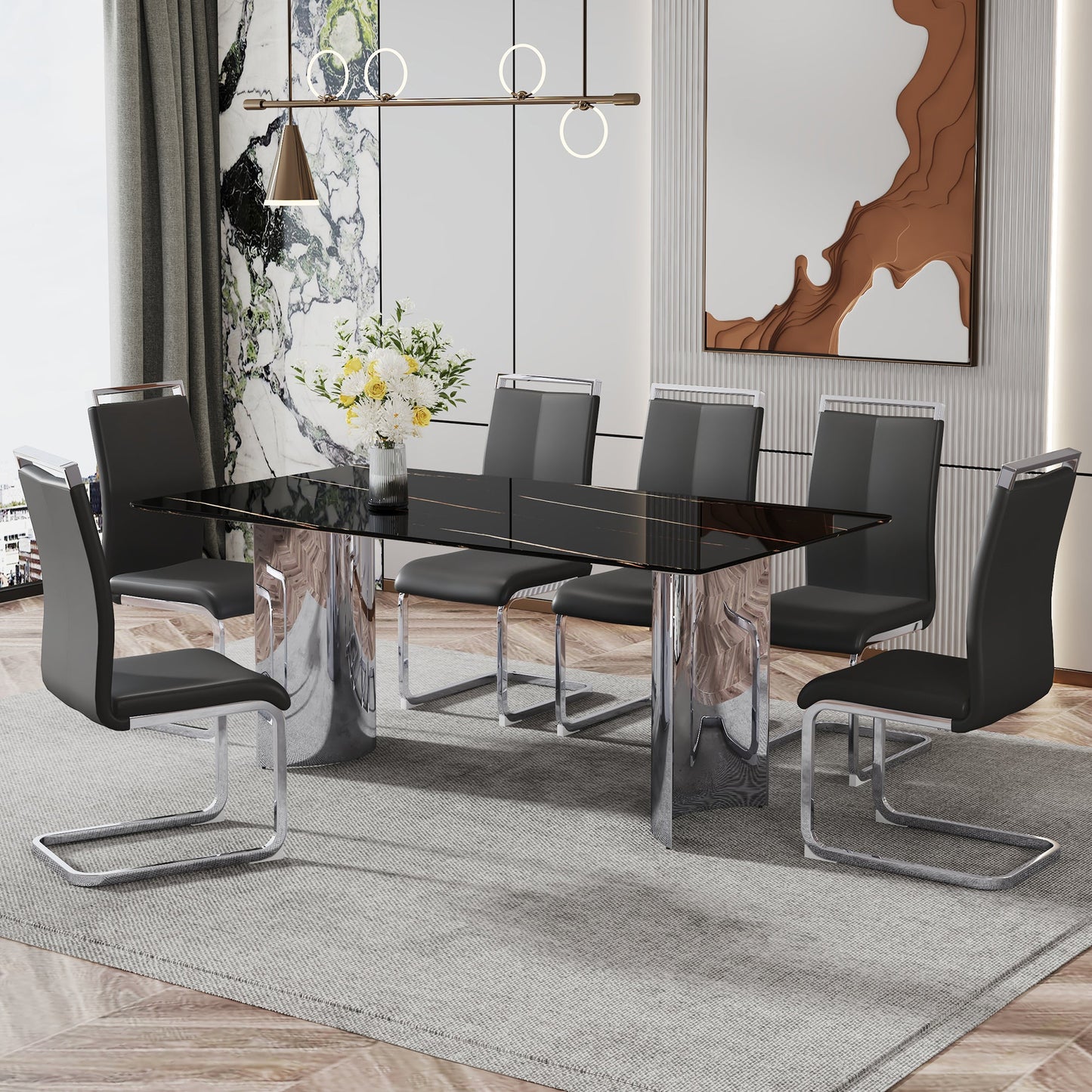 Modern minimalist dining table The black imitation marble glass desktop is equipped with silver metal legs - Korvel
