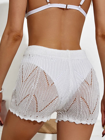 Hook flower hollowed out beach shorts with drawstring - Korvel