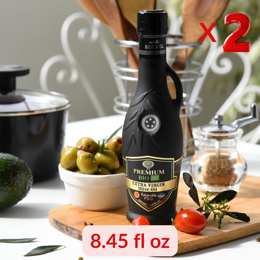 KORVEL Greek Extra Virgin Olive Oil Organic Premium PDO Kalamata, black Amphora 8.45 fl oz - 2 pack - Korvel-Food Inc.