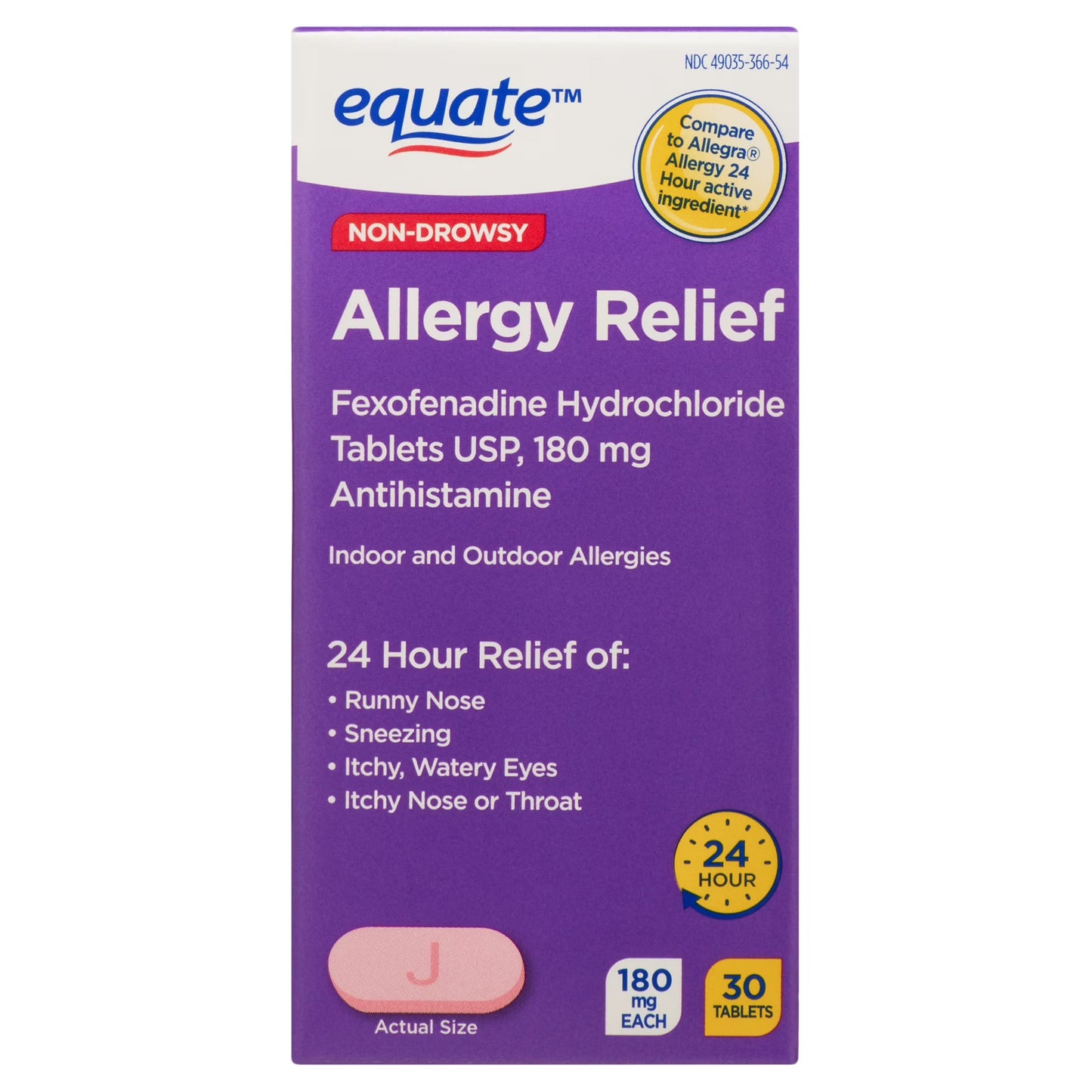 Fexofenadina Clorhidrato 180 mg - Alivio de Alergias Sin Somnolencia, 30 Tabletas