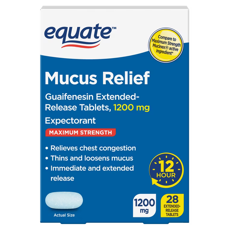 Equate Maximum Strength Mucus ER – 1200 mg Guaifenesin – 28 Tablets