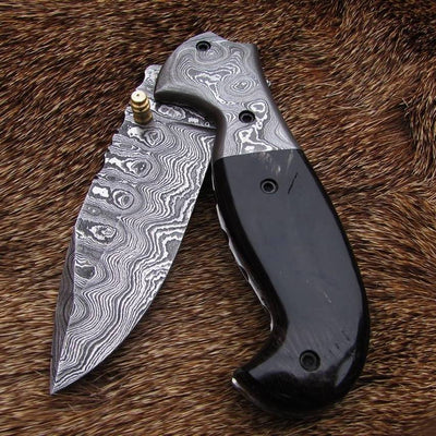 Artisan Elite Custom Damascus Steel Folding Pocket Knife with Buffalo Horn Handle – Perfect Everyday Companion - Korvel