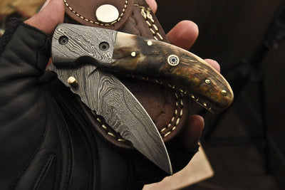 The Summit: Premium Handcrafted Damascus Steel Folding Knife with Mountain Sheep Horn Handle - Korvel