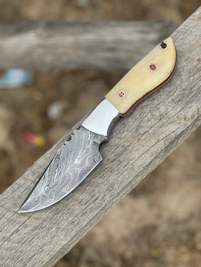 Premium 9" Damascus Steel Skinning Knife with Camel Bone Handle & Leather Sheath - Korvel