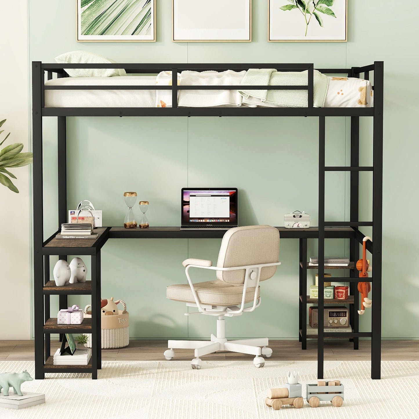 Full Metal Loft Bed with Desk and Shelves, Loft Bed with Ladder and Guardrails, Loft Bed Frame for Bedroom, Black - Korvel