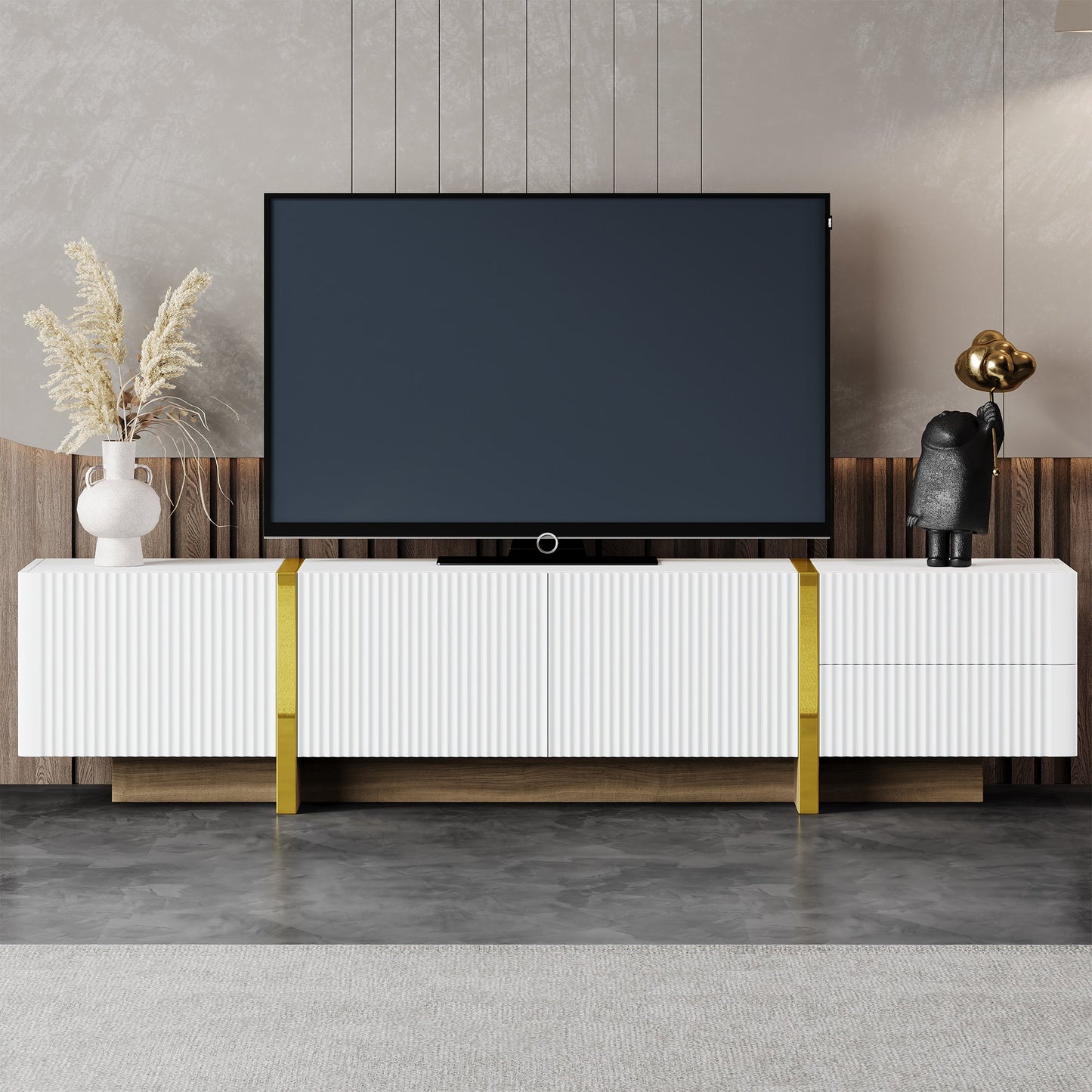 Luxury Fluted TV Stand for TVs Up to 80'', Modern Entertainment Center with Storage Cabinets & Drawer White - Korvel