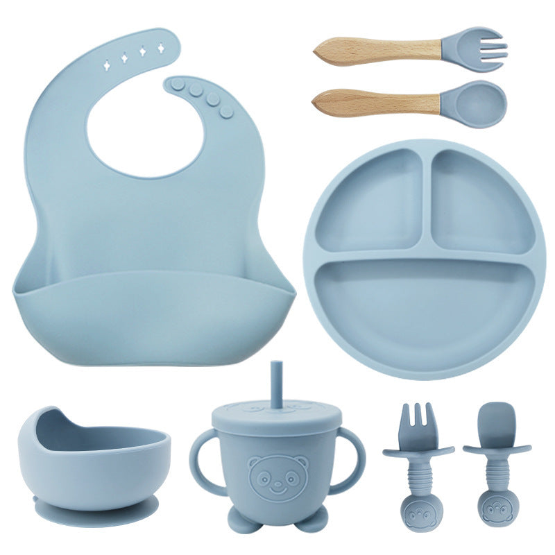 8PCS Mother and baby silicone bibs, silicone dinner plates, eight-piece set, baby food training suction cup bowl, baby divided tableware set - Korvel