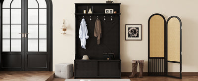 Hall tree with roof rack and storage platform, corridor shoe cabinet with sliding door, clothes hanger with 5 hooks black - Korvel