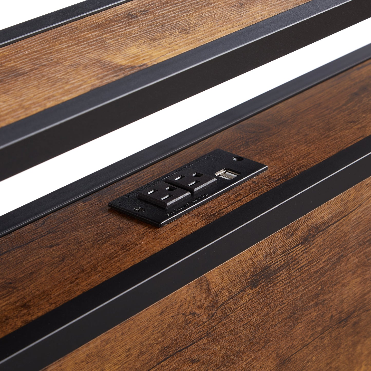 Dual size metal platform bed frame with wooden headboard and footrest, USB LINER, LED lights - Korvel