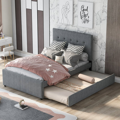 Linen Upholstered Platform Bed with Headboard and Trundle - Full