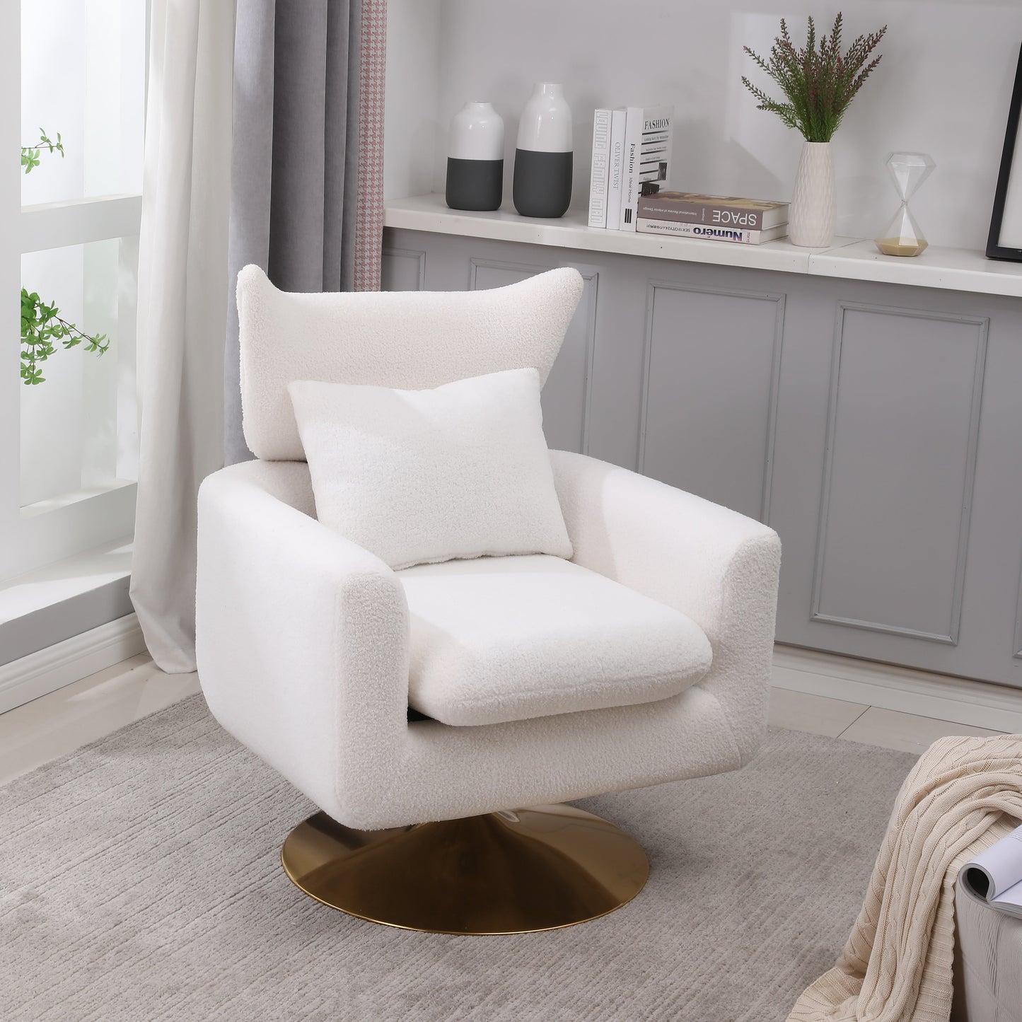Classic Mid-Century 360-degree Swivel Accent Chair, White Teddy Fabric - Korvel