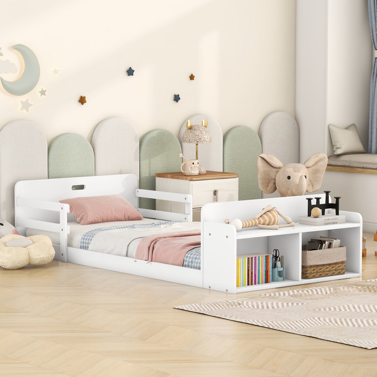 Twin Size Floor Bed with Storage Footboard and Guardrail, White - Korvel