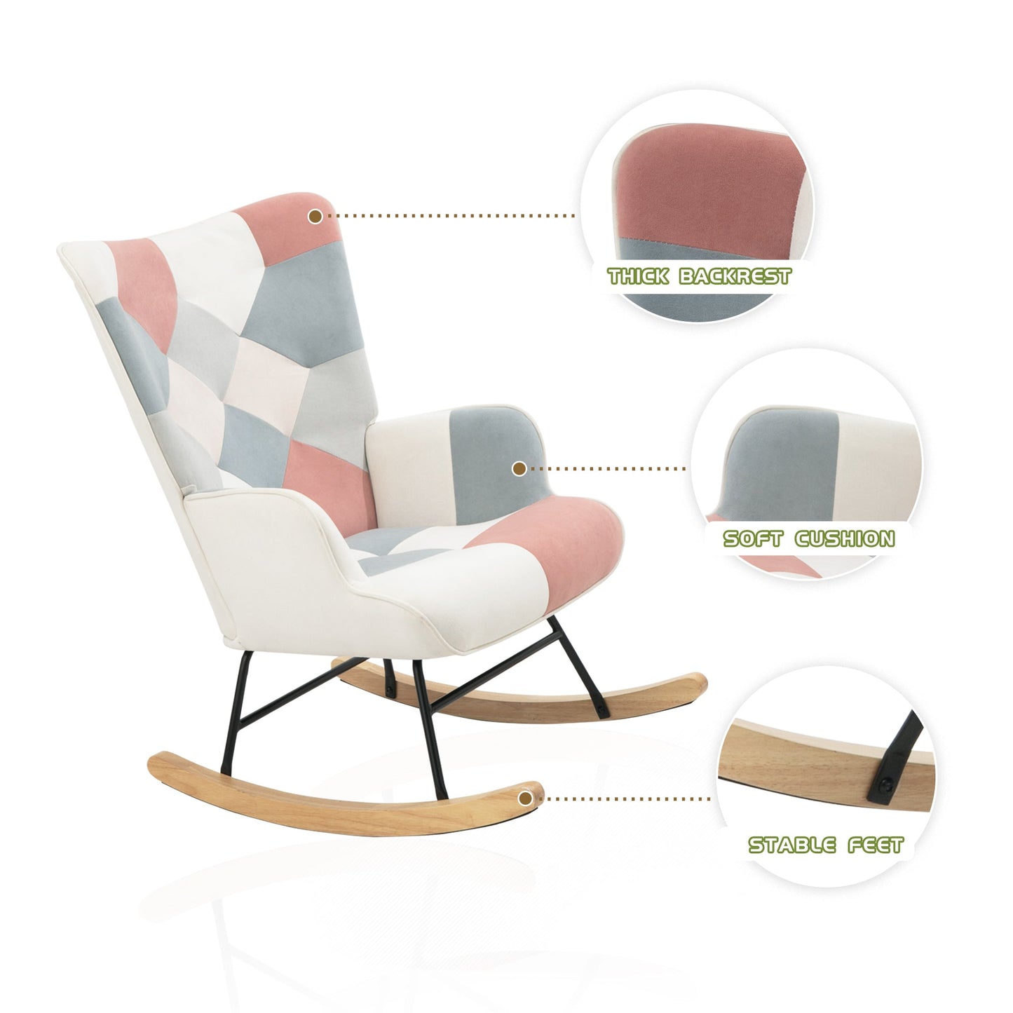 Rocking Chair with ottoman, Mid Century Fabric Rocker Chair with Wood Legs and Patchwork Linen for Livingroom Bedroom - Korvel