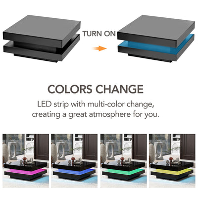 ON-TREND High Gloss Minimalist Design with LED Lights 2-Tier Square Coffee Table Black - Korvel