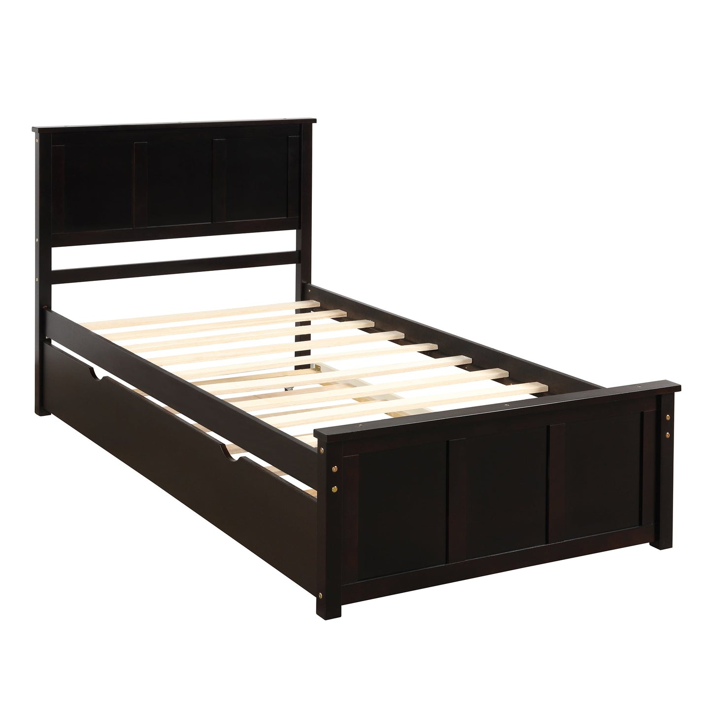 Platform Bed with Twin Size Trundle, Twin Size Frame, Espresso - Korvel