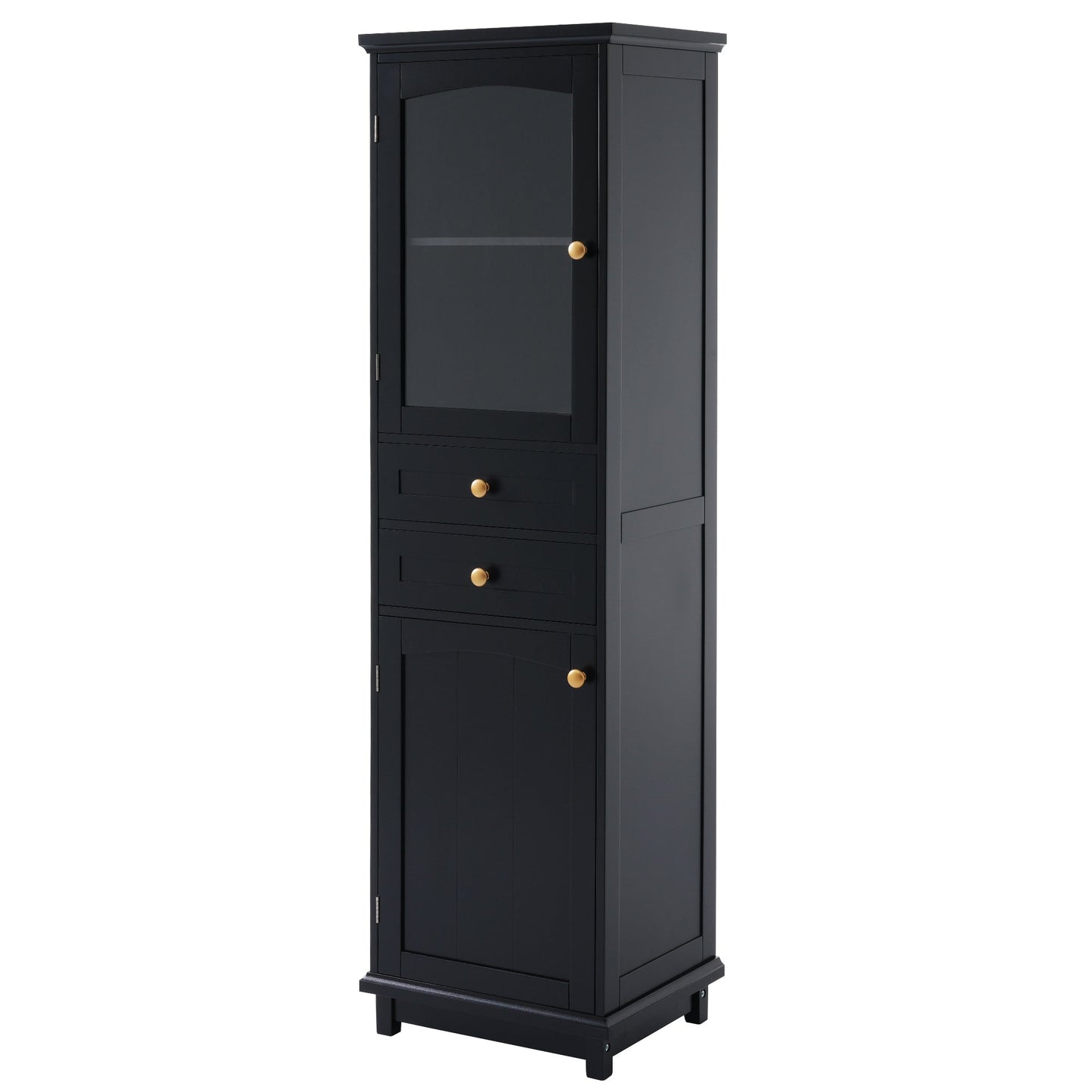 Tall Bathroom Storage Cabinet with Glass Doors, Free-Standing, Two Drawers, and Adjustable Shelves, MDF Board, Painted Black - Korvel