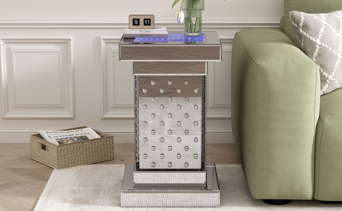 U-Can 11.8-inch silver square mirror coffee table with LED lights, modern crystal inlaid side table, no assembly required - Korvel