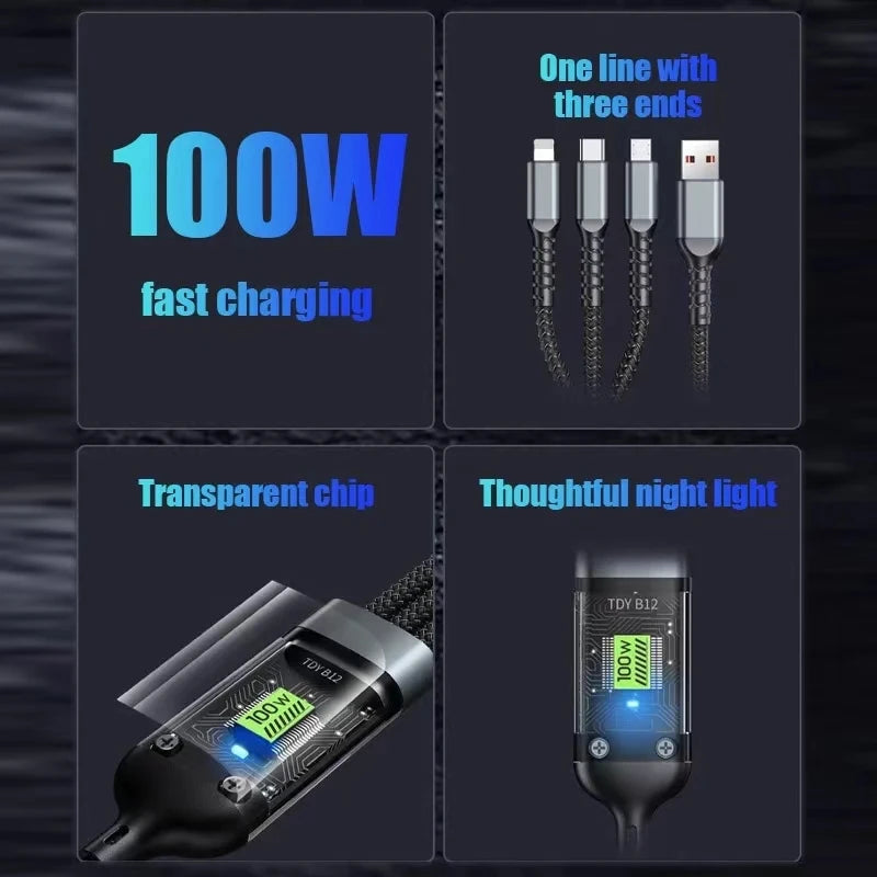 3-in-1 USB 100W Cable for Fast Charging and Data Transfer
