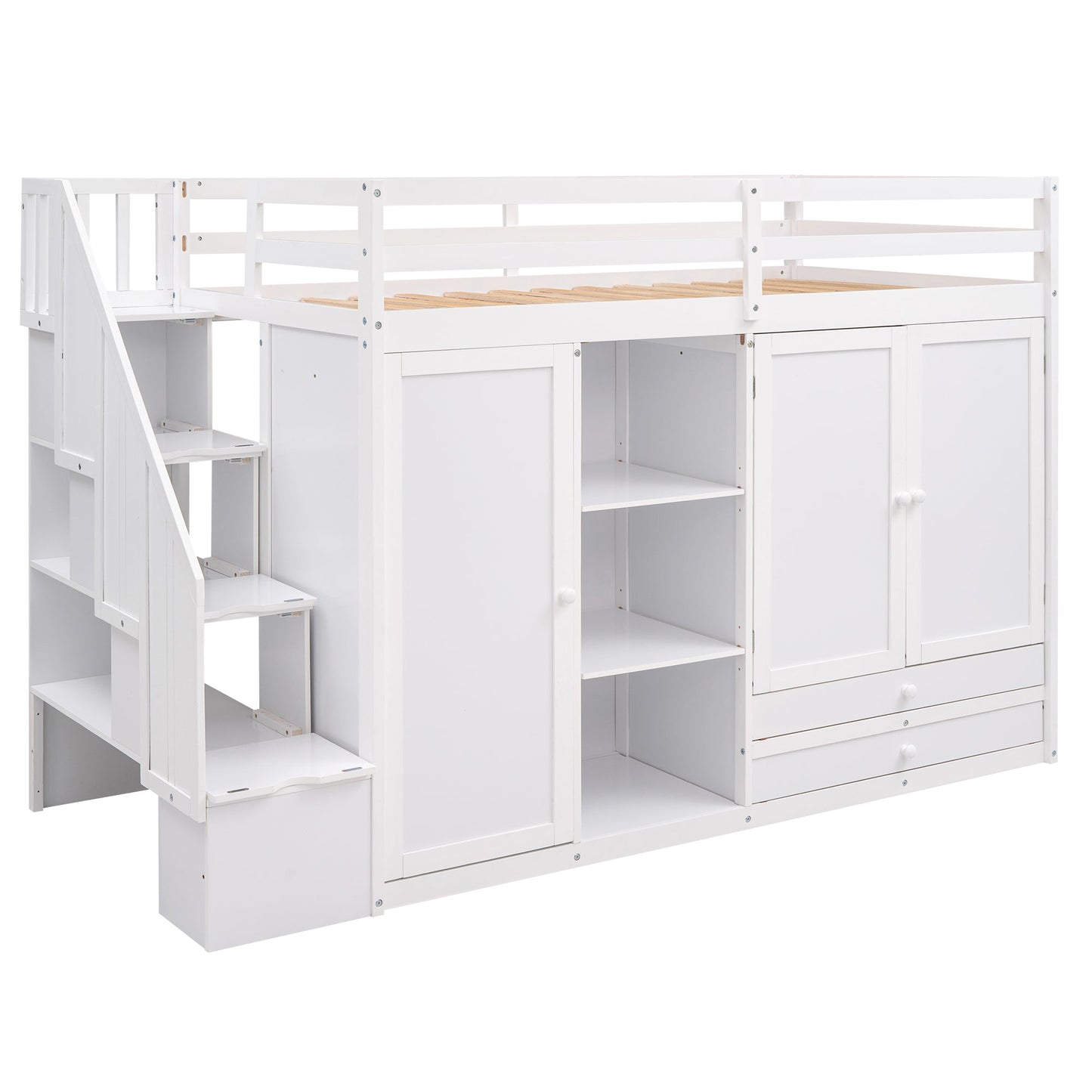 Functional Loft Bed with Storage and Shelves in White