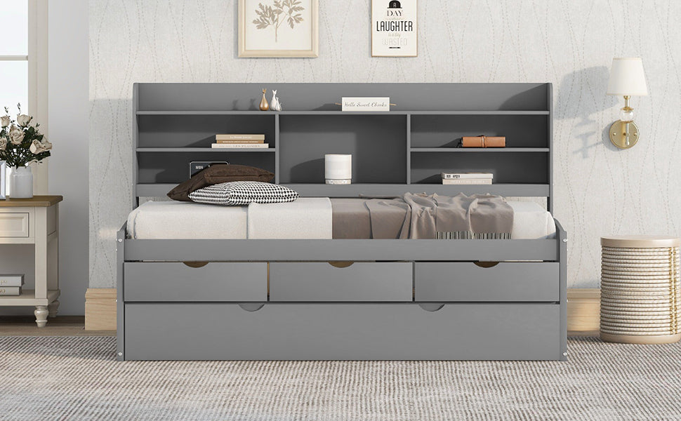 Twin Size Wooden Captain Bed with Built-in Bookshelves,Three Storage Drawers and Trundle Light Grey - Korvel