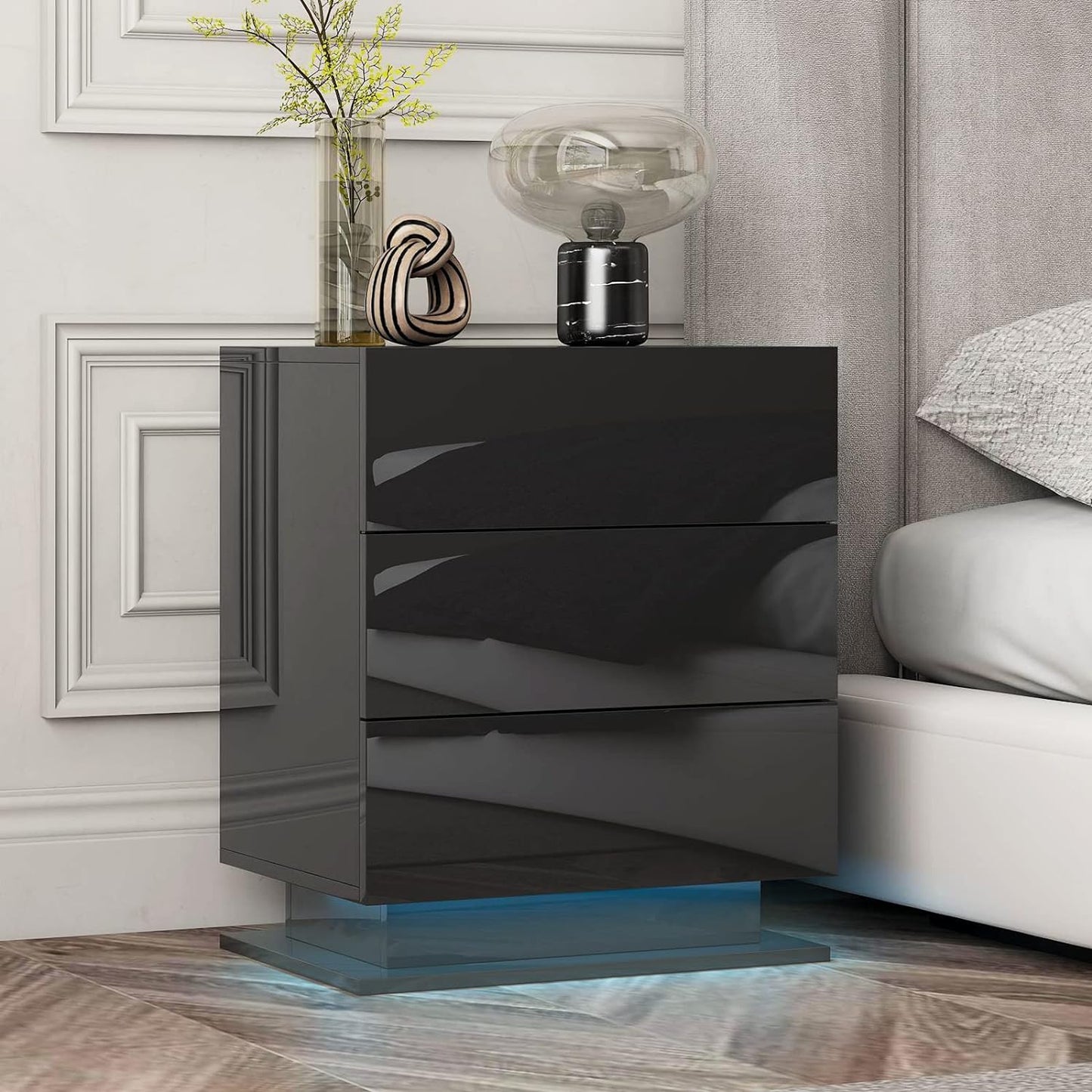 Nightstand with 3 Storage Drawers,Led Lights, End Table for Bedroom Furniture - Korvel