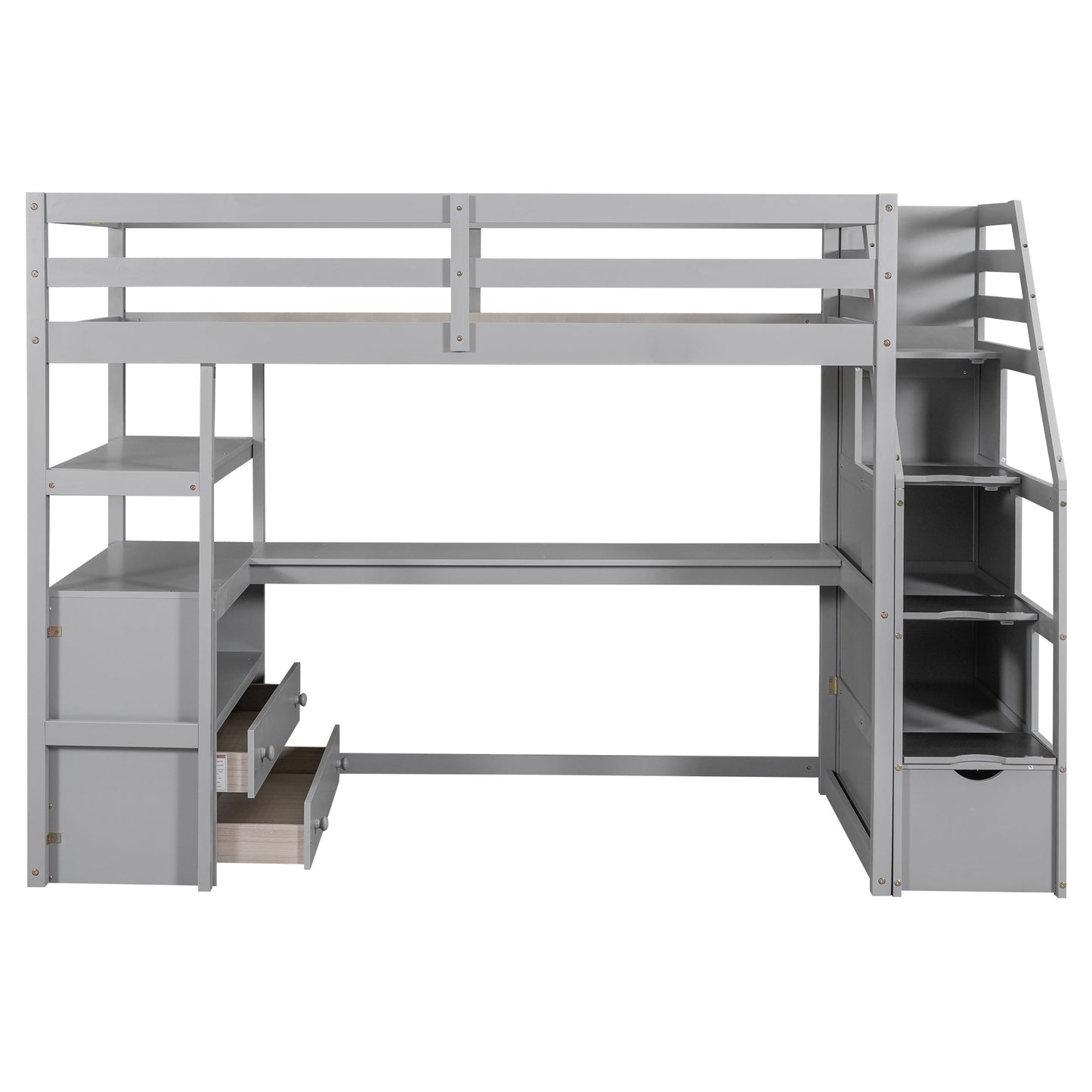 Twin Size Loft Bed with Desk and Shelves Two Built-in Drawers, Storage Staircase Gray - Korvel