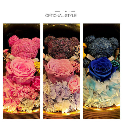 Valentine's Day Gift Everlasting Flower Bear Moss Glass Cover Finished Gift Box for Girlfriend Birthday Ornament Dried Flowers Roses - Korvel