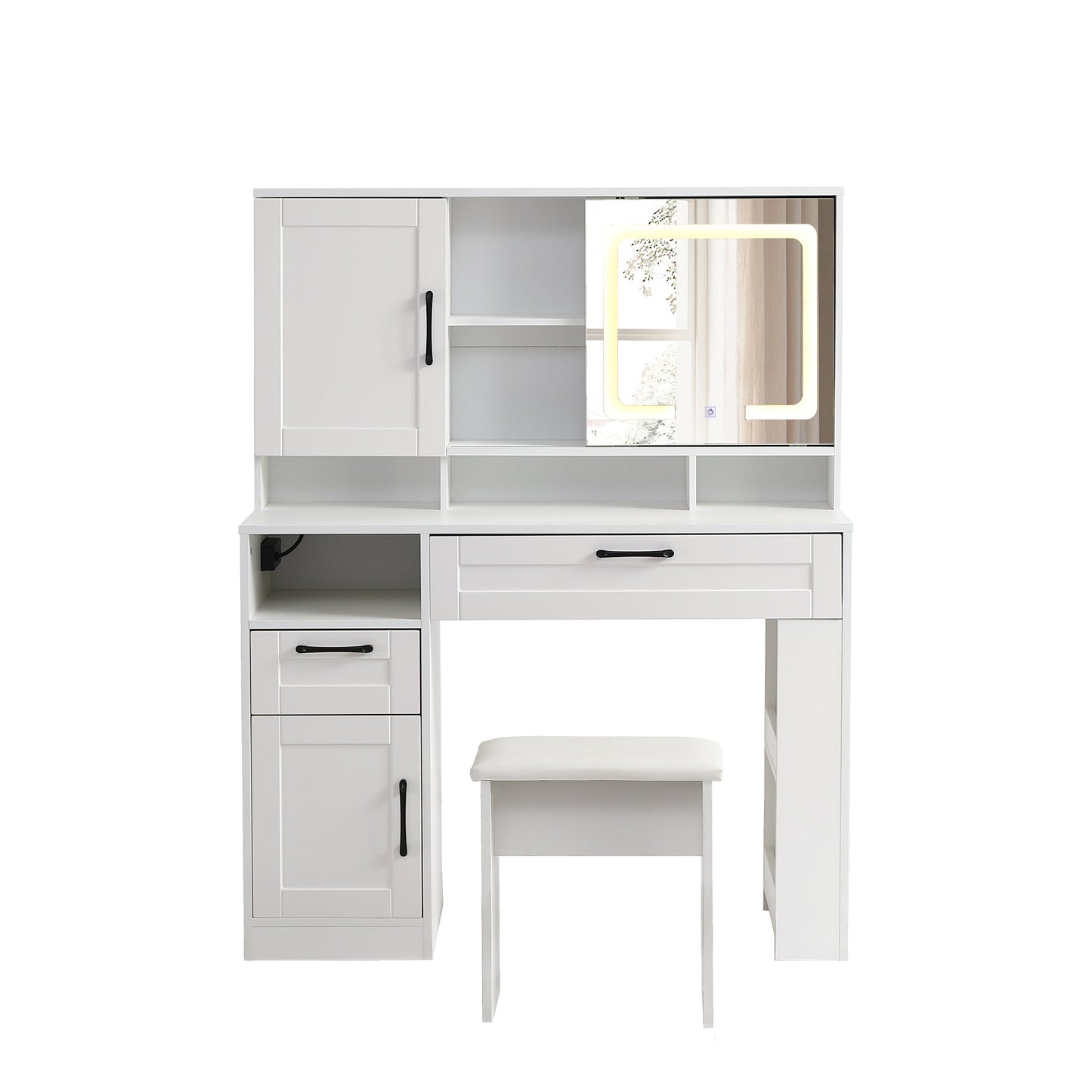 Vanity table with large sliding lighted mirror dressing table with 2 drawers storage shelves and upholstered stool white color - Korvel