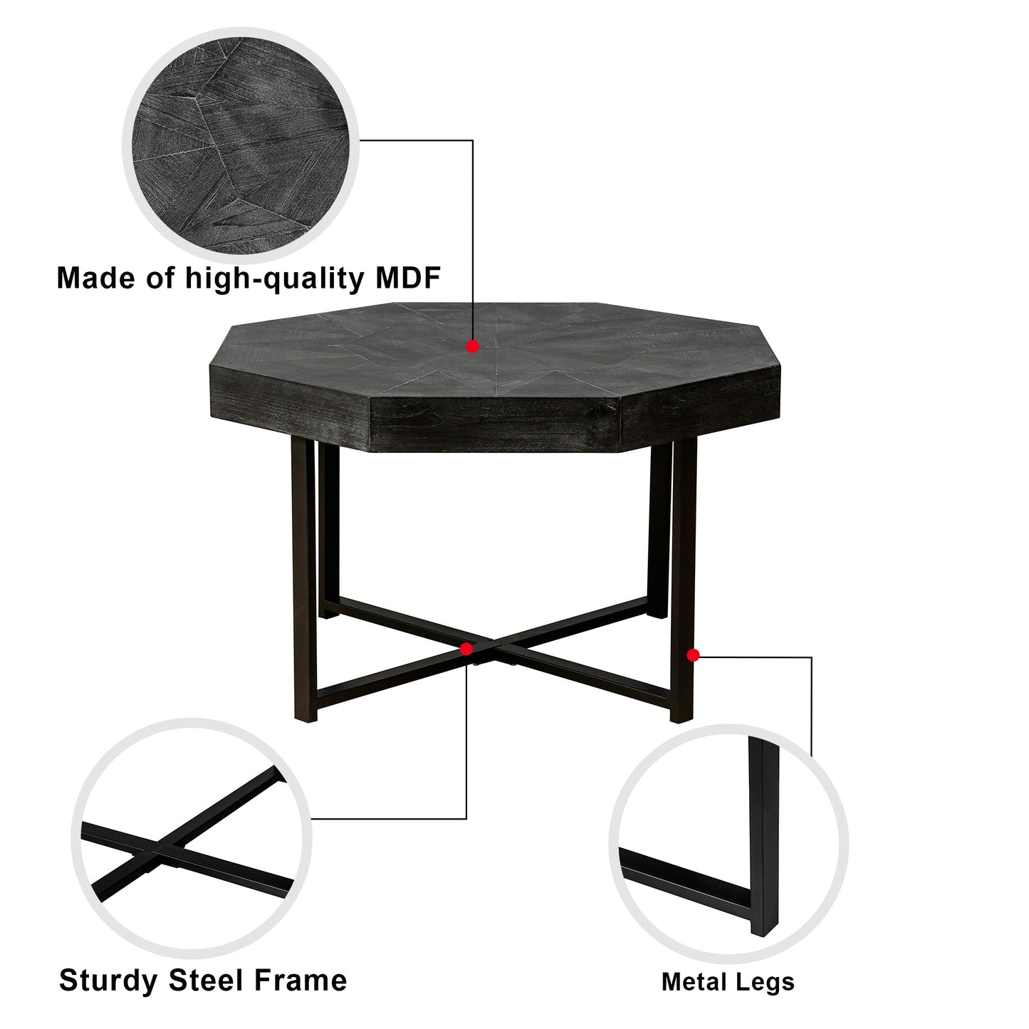 Wooden octagonal retro patchwork craft 30 inch wooden tabletop cross metal leg coffee table (Antique Black) - Korvel