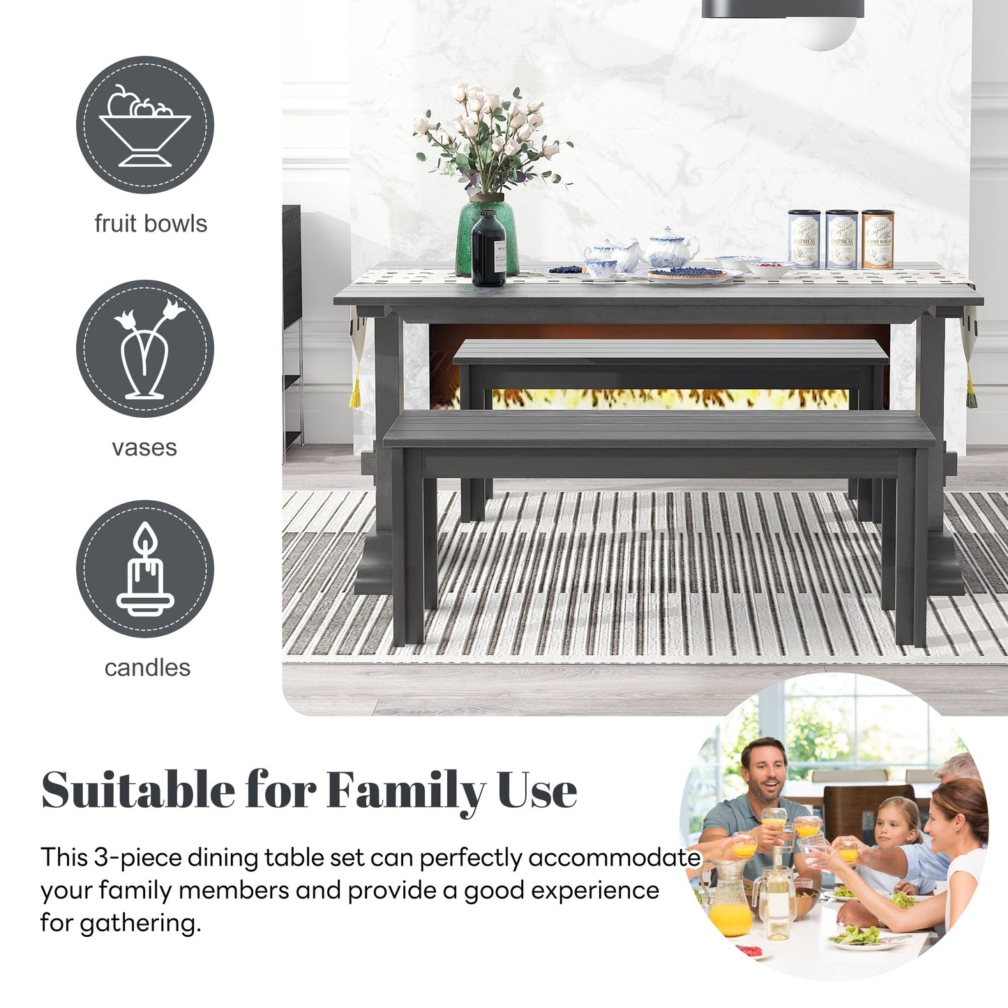 TREXM 3-piece retro cutlery set, rectangular stand table, and 2 wooden stools for 4 people (gray) - Korvel
