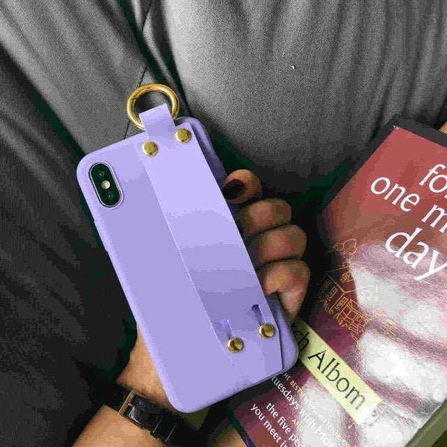 Funda de Silicona Suave Mate Morada Premium con Correa de Agarre para iPhone