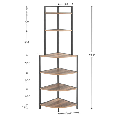 6-story corner open bookshelf modern bookshelf wooden frame independent bookshelf unit, country brown - Korvel